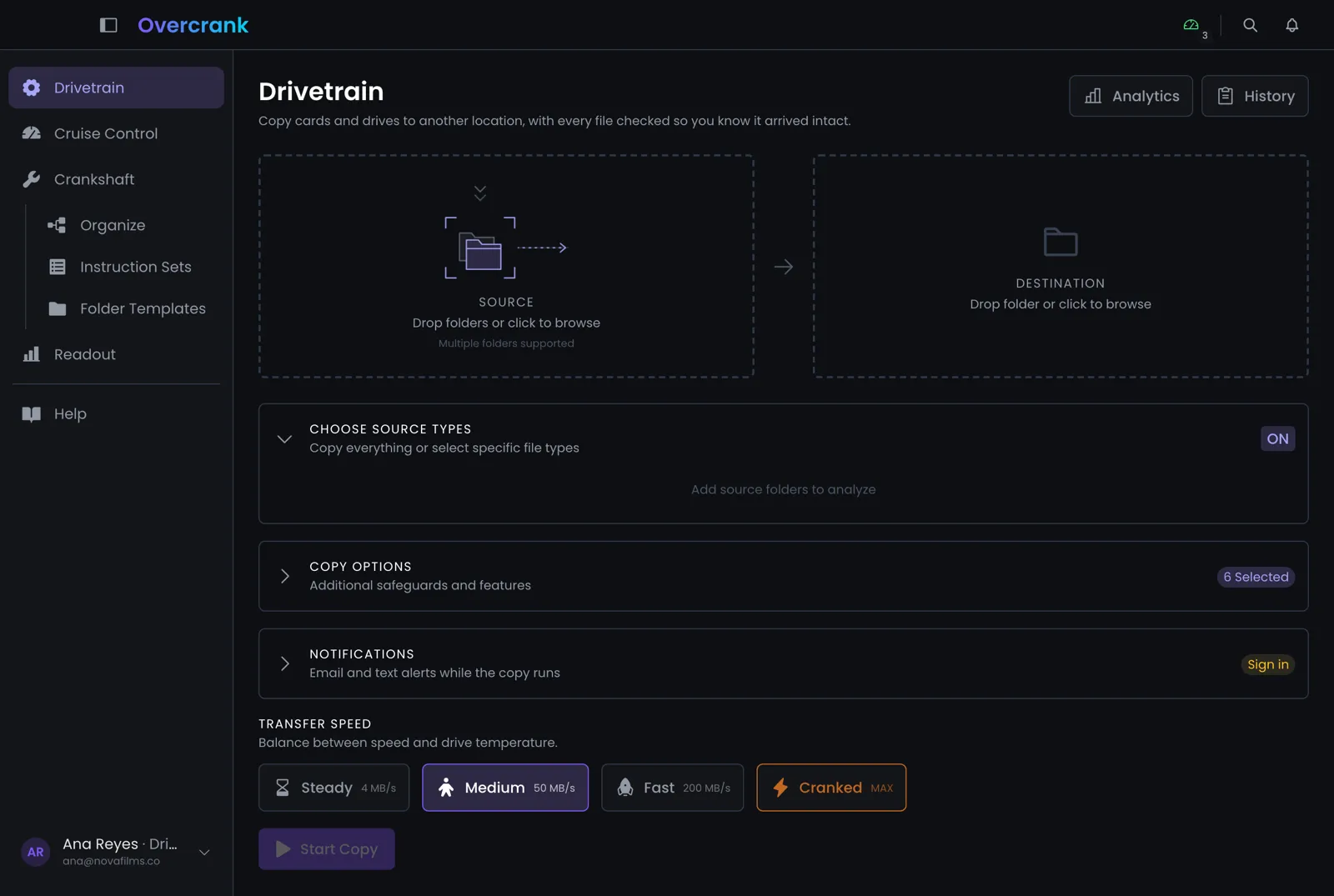 The Overcrank app in dark mode showing the Drivetrain transfer screen